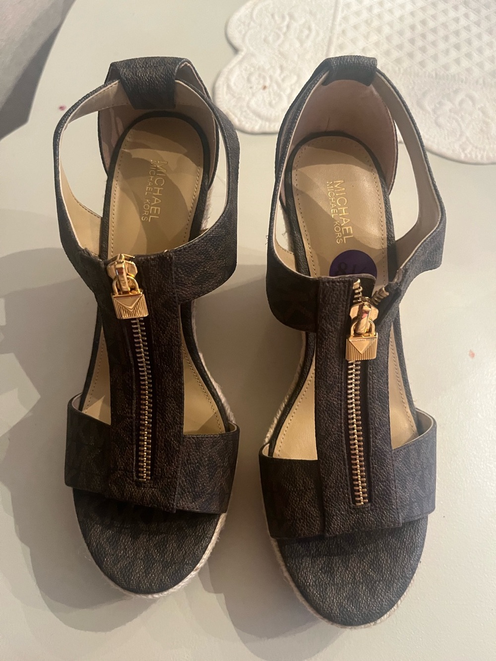 Michael Kors Dark Brown Logo Wedge Sandals with Gold Zipper Accent